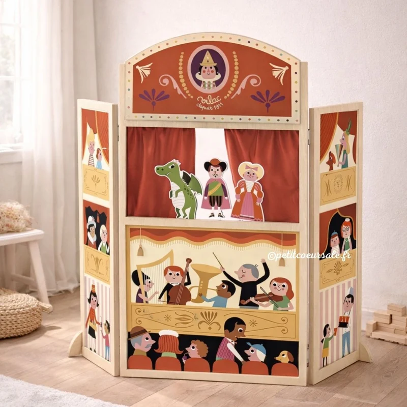 Mon joli Théâtre de marionnettes en bois rouge – dès 3 ans