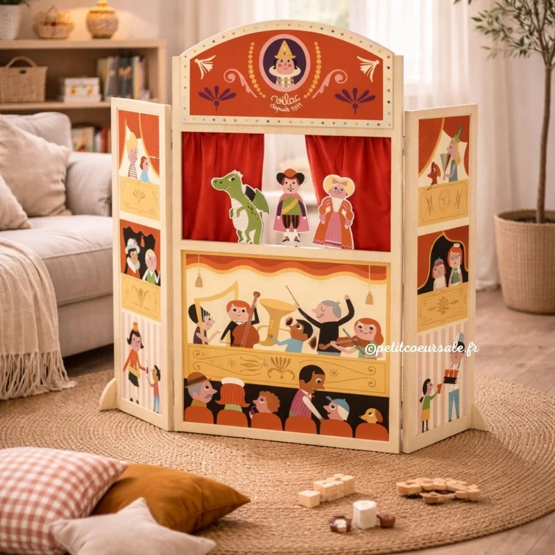 Mon joli Théâtre de marionnettes en bois rouge – dès 3 ans