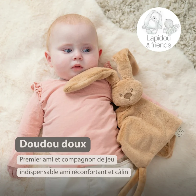 Doudou lapin bébé 27x27 cm – Doudou beige chaud dès la naissance