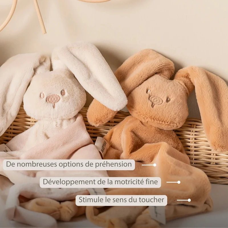 Maxi doudou lapin bébé 65x40 cm – Doudou beige chaud dès la naissance