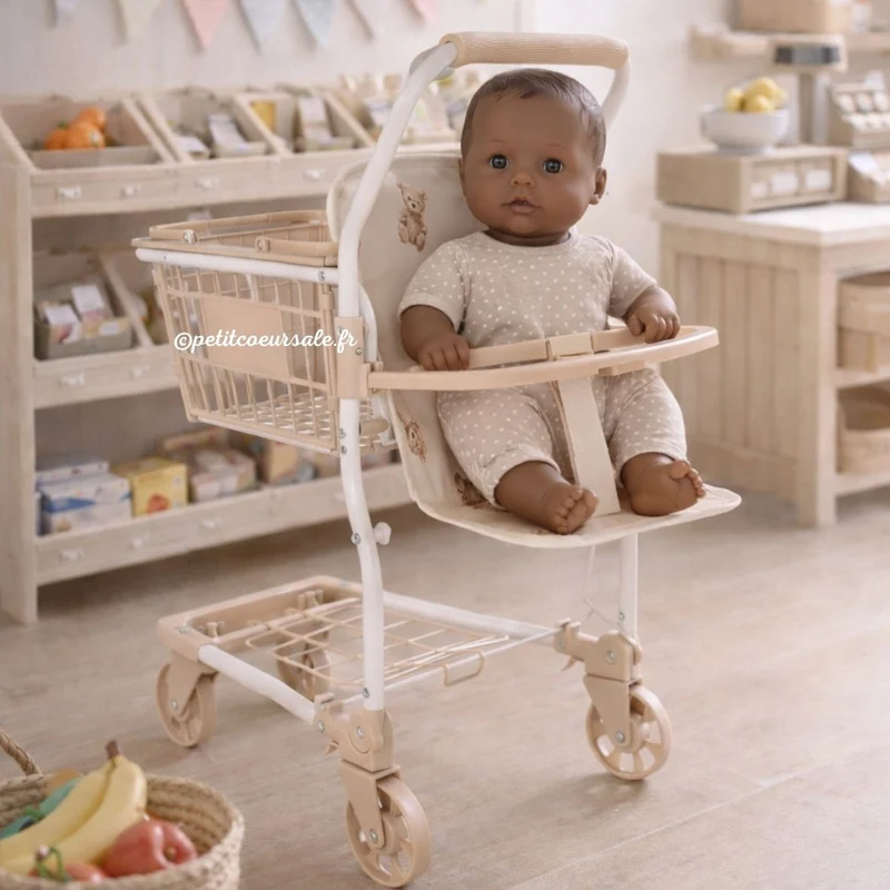 Chariot de courses enfant beige – Jouet imitation motif ours