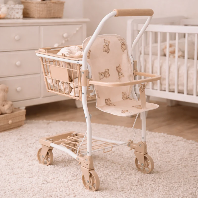 Chariot de courses enfant beige – Jouet imitation motif ours