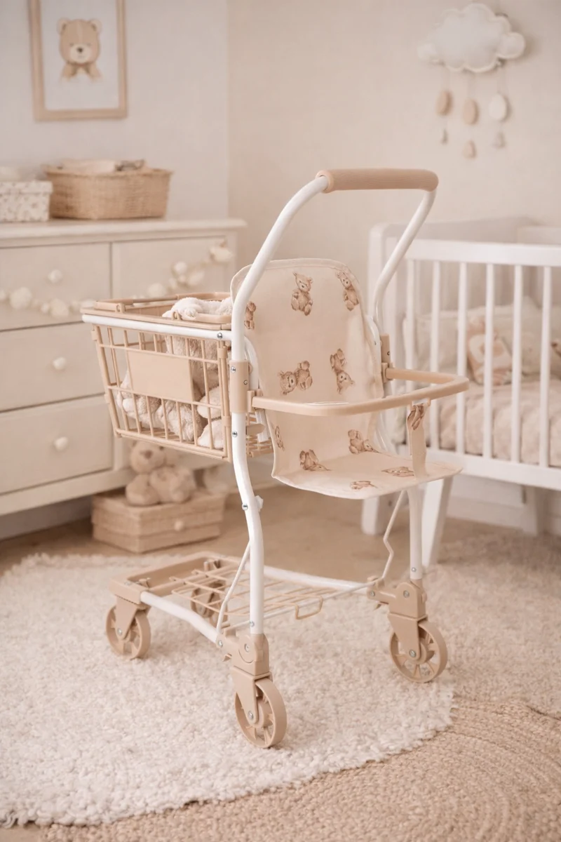 Chariot de courses enfant beige – Jouet imitation motif ours