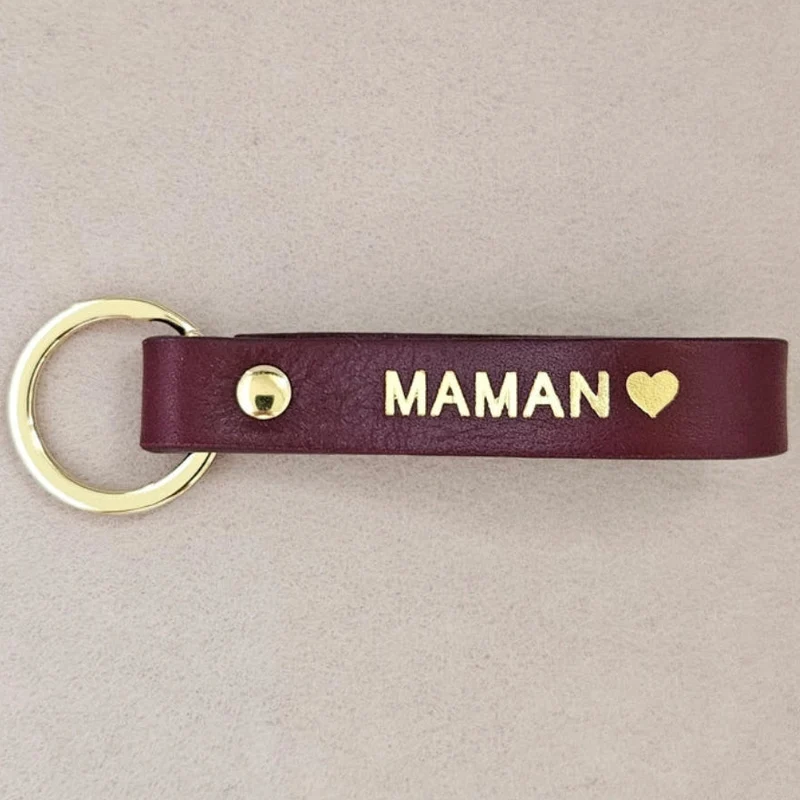 Porte clé cuir maman bordeau