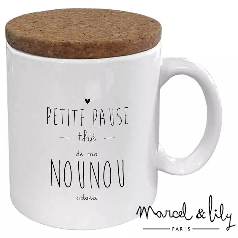 Mug "Pause thé de ma nounou" avec son couvercle en liège
