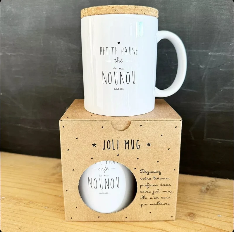 Mug "Pause thé de ma nounou" avec son couvercle en liège