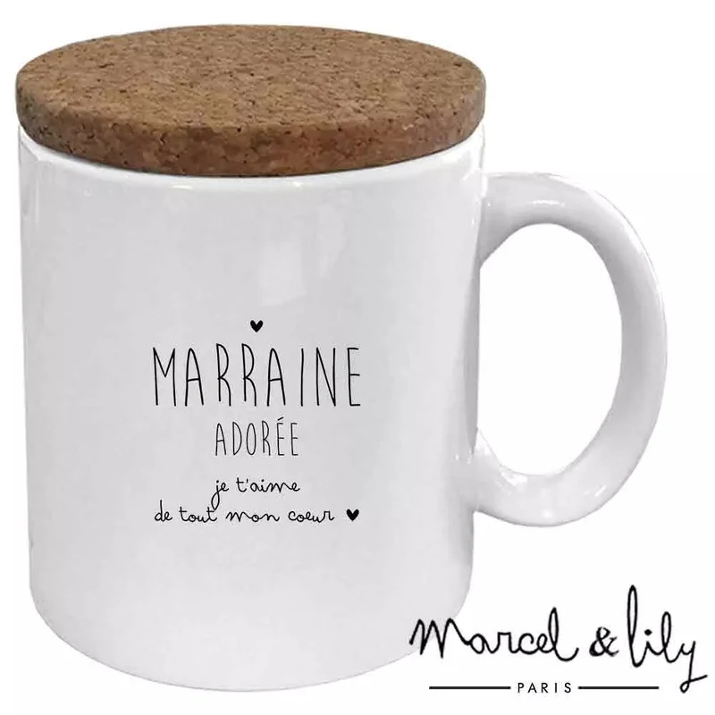 Mug "Marraine adorée" avec son couvercle en liège