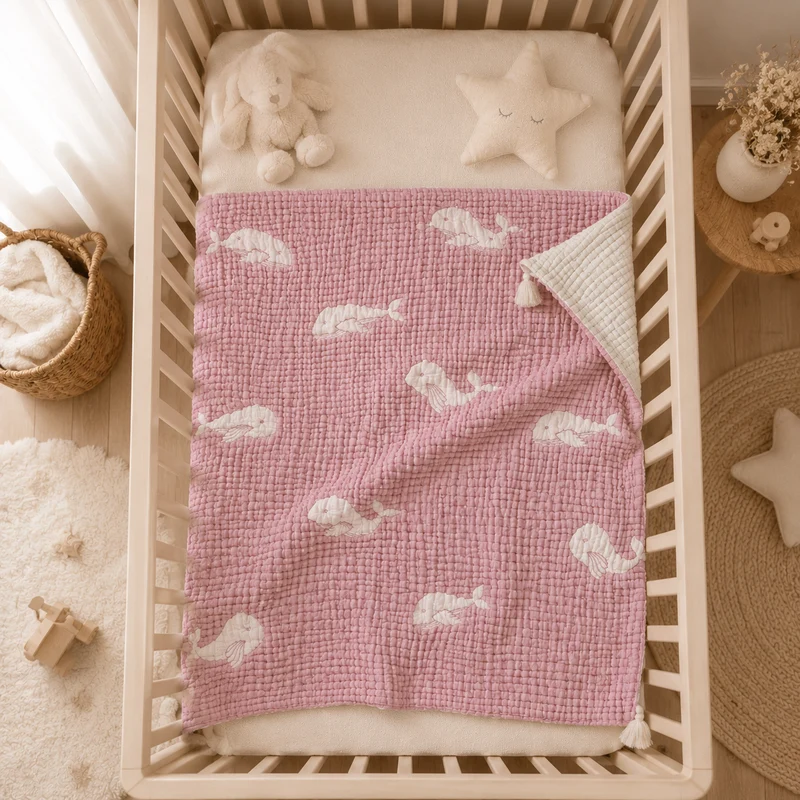Couverture bébé mousseline matelassée – baleine rose en relief