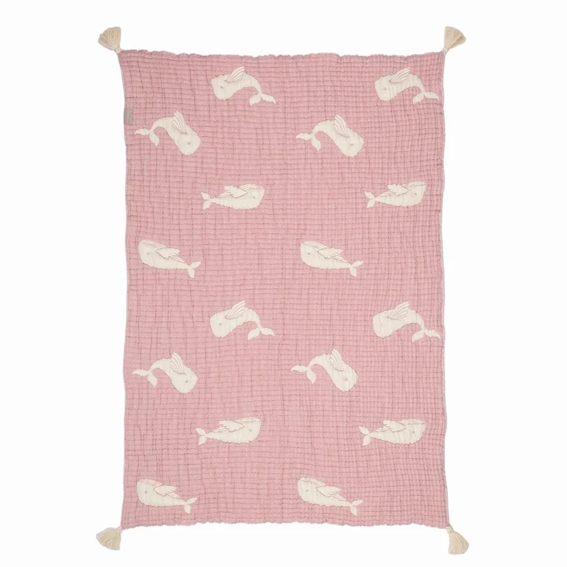Couverture bébé mousseline matelassée – baleine rose en relief