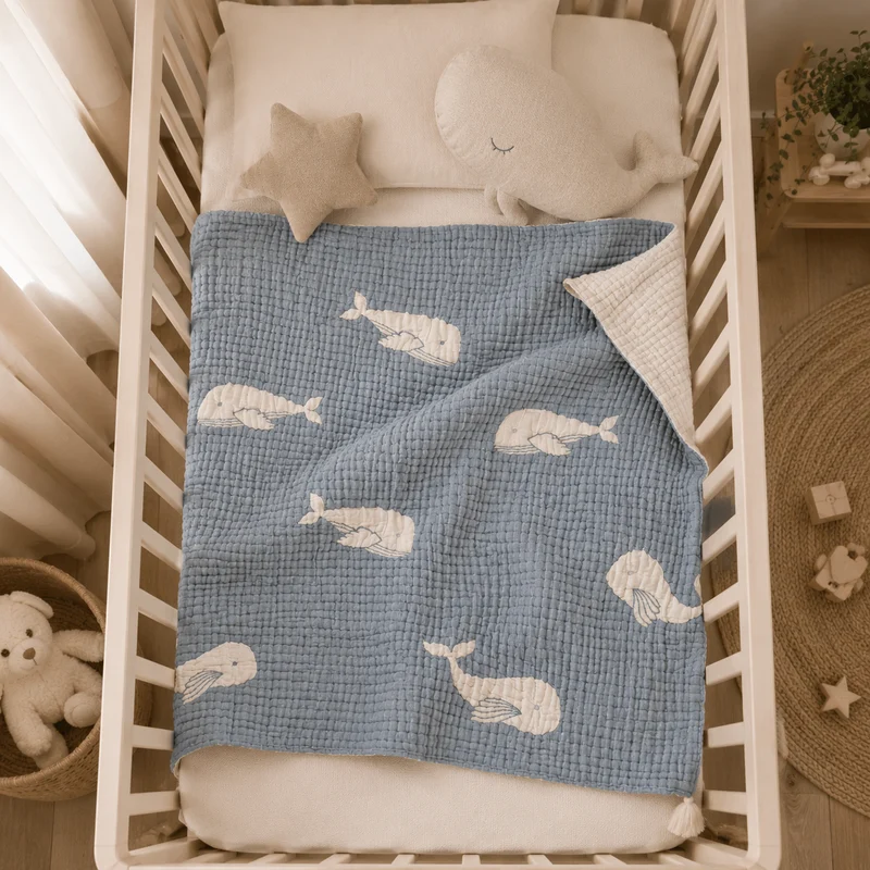 Couverture bébé mousseline matelassée – baleine bleue en relief
