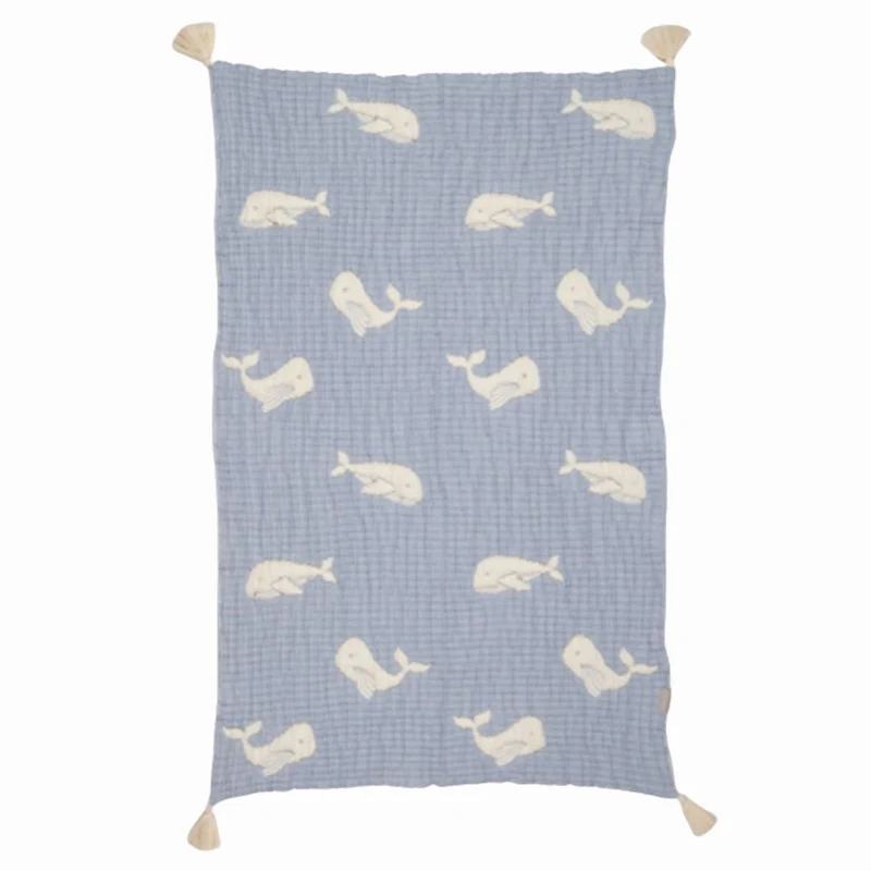 Couverture bébé mousseline matelassée – baleine bleue en relief