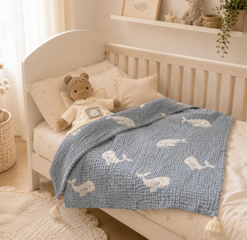 Couverture bébé mousseline matelassée – baleine bleue en relief