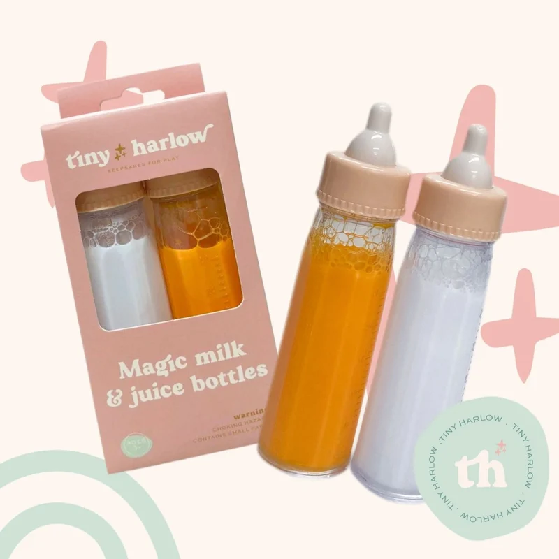 Duo de biberons magiques pour poupée – Tiny Harlow | Lait et Jus de fruit