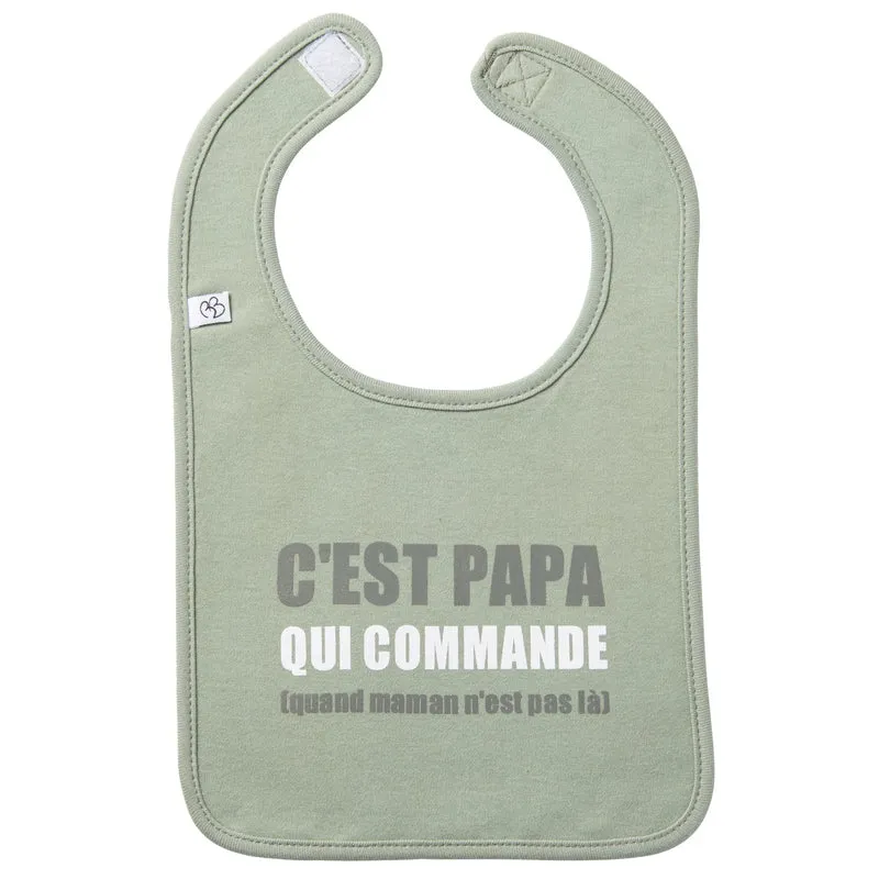 Bavoir “C’est papa qui commande” vert de gris