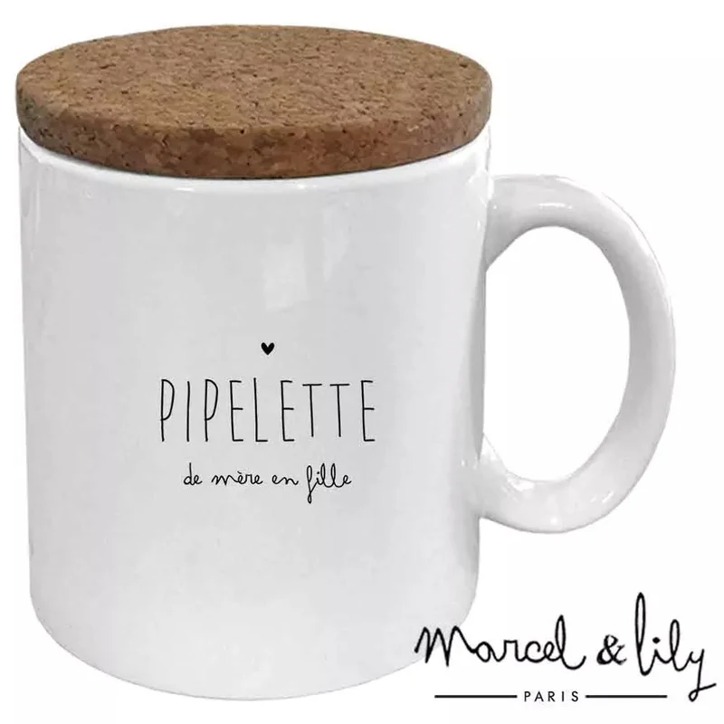 Mug "Pipelette de mère en fille" avec couvercle en liège 💬