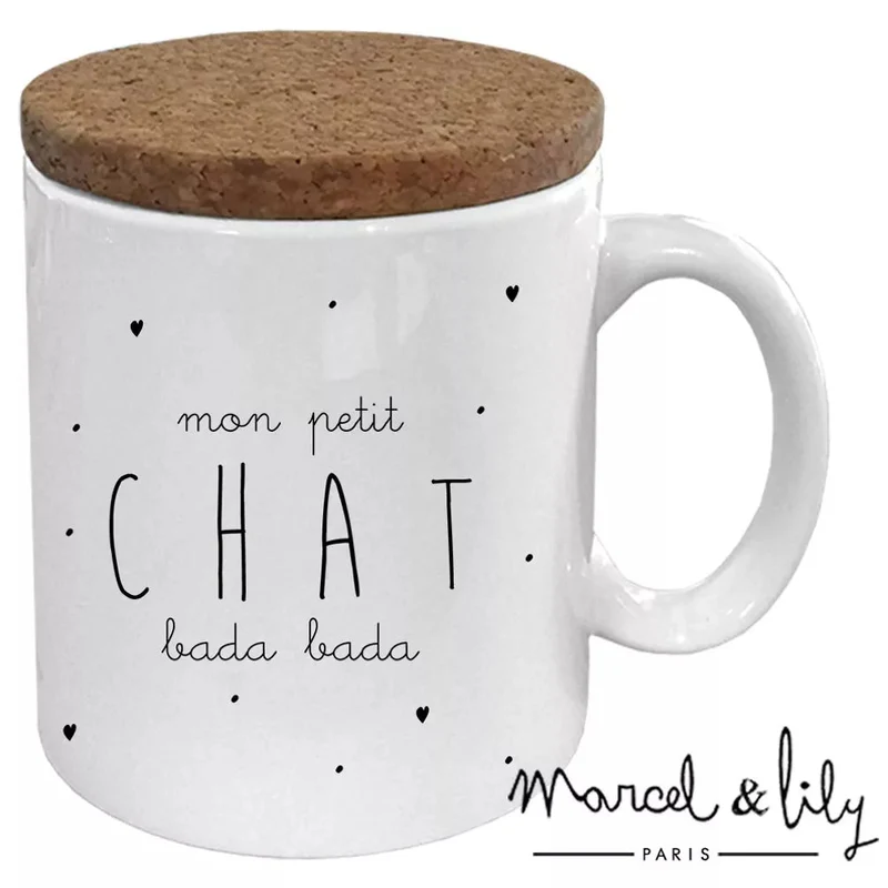 Mug "Petit chat bada bada" avec couvercle en liège 🐱