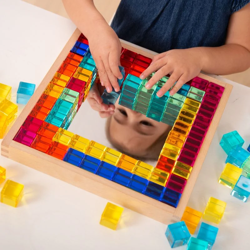 Plateau miroir en bois 100 cubes translucides