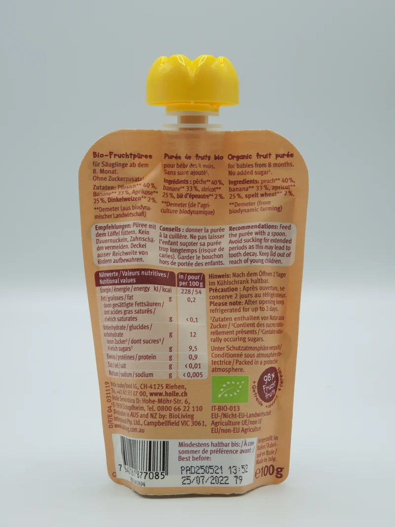 Panda Peach - Gourde pêche, abricot, banane et épeautre, 100g, Holle