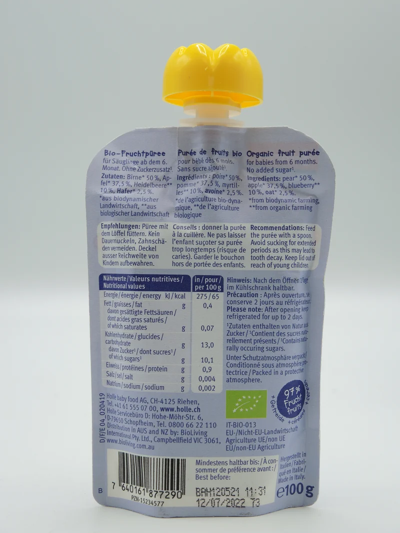Blue Bird - Gourde poire, pomme, myrtilles et avoine, 100g, Holle