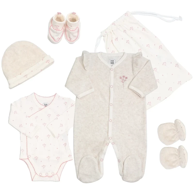 Kit naissance 6 pièces fille - Motif floral - 1 mois
