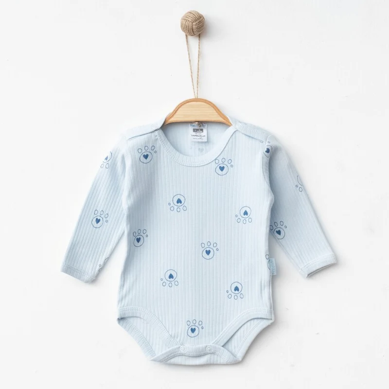 Body bébé Côtelé bleu pastel et petites pattes (1, 3, 6, 9 et 12 mois)