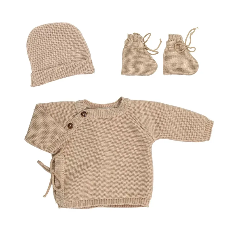 Trousseau naissance - Brassière chaussons et bonnet noisette