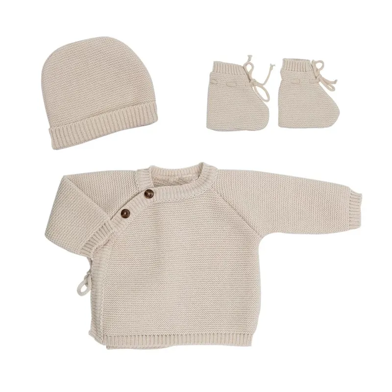 Trousseau naissance - Brassière chaussons et bonnet beige