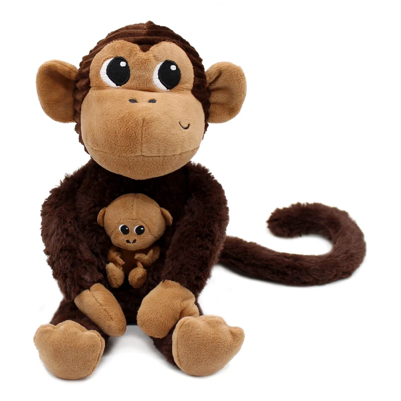 Peluche singe Zazou maman et son bébé marron chocolat - Les Ptipotos
