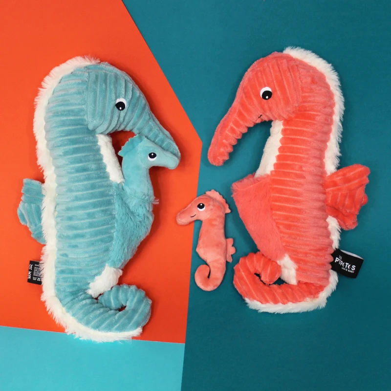 Peluche hippocampe Papadou papa et son bébé bleu aqua - Les Ptipotos