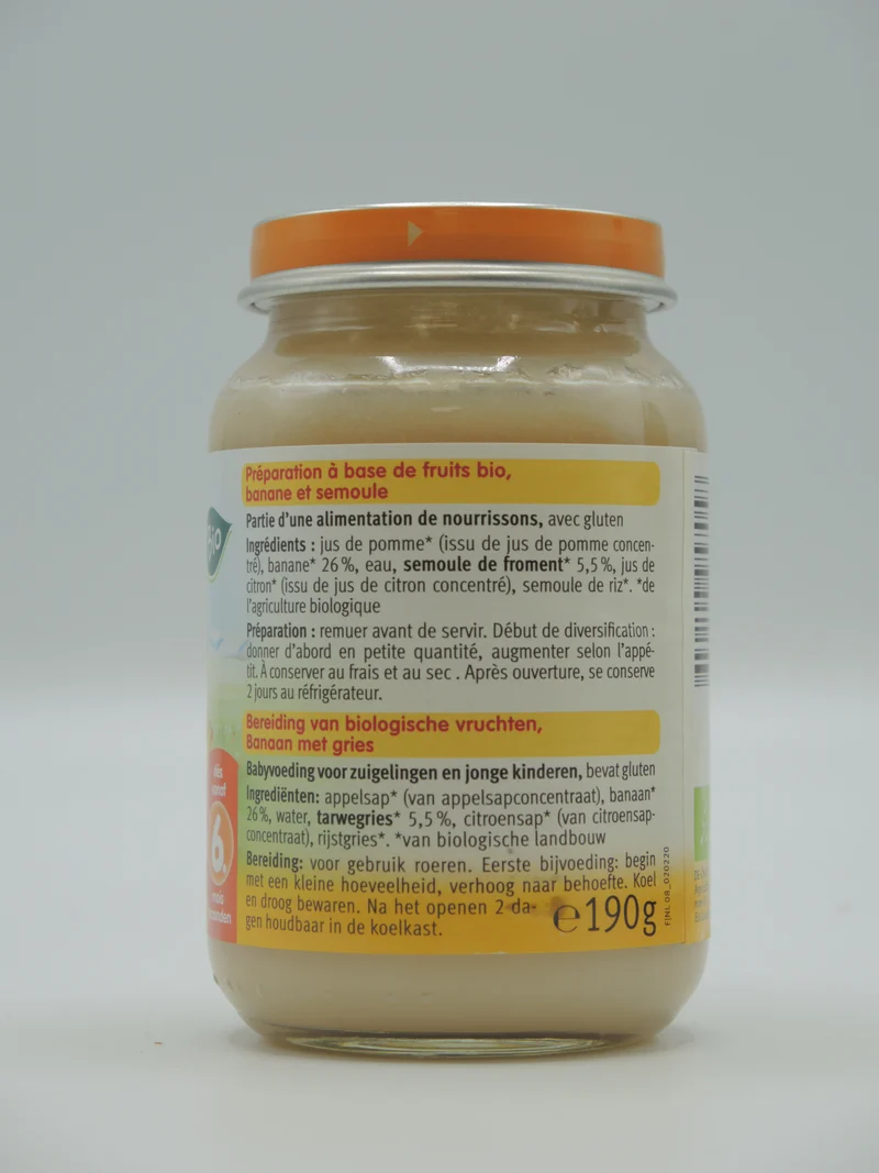 Pot bébé Banane et semoule, 190g, Holle