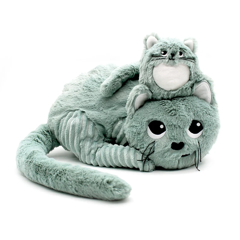 Peluche chat Miaou maman et son bébé vert menthe - Les Ptipotos