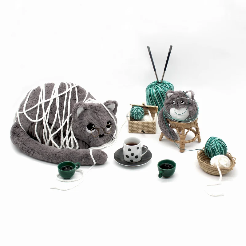 Peluche chat Miaou maman et son bébé vert menthe - Les Ptipotos