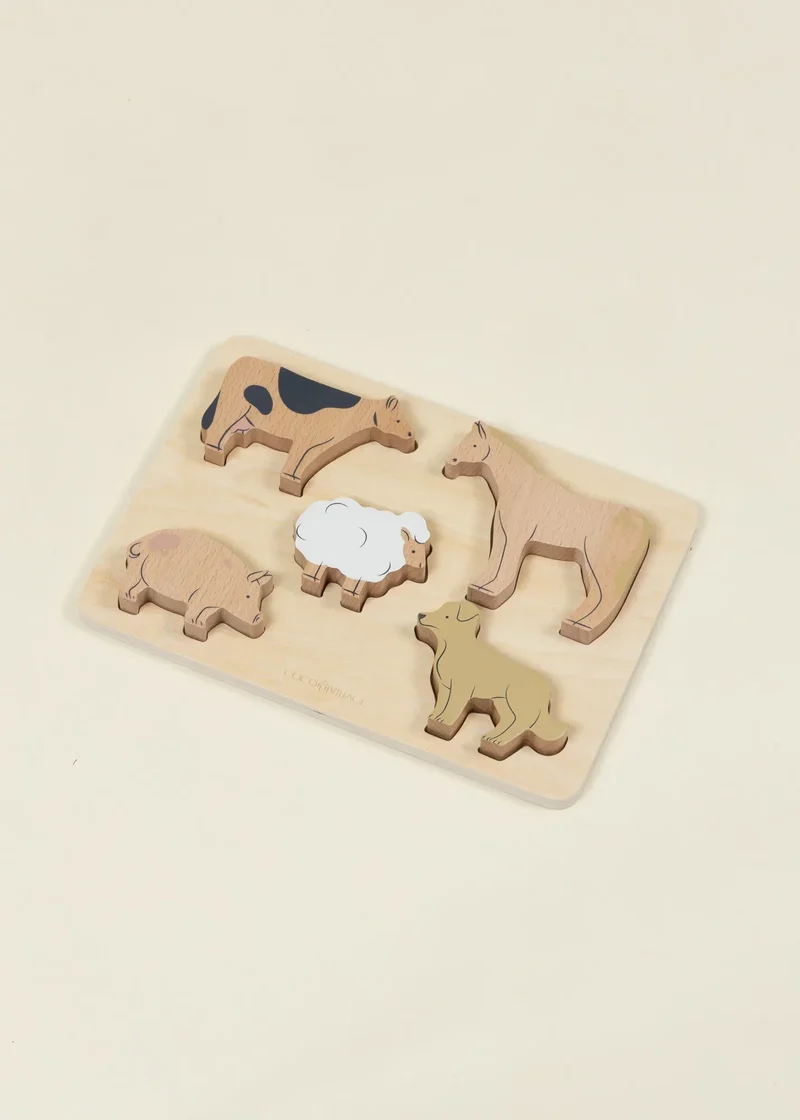 Set of 5 Pasture Animals on Wooden Plate