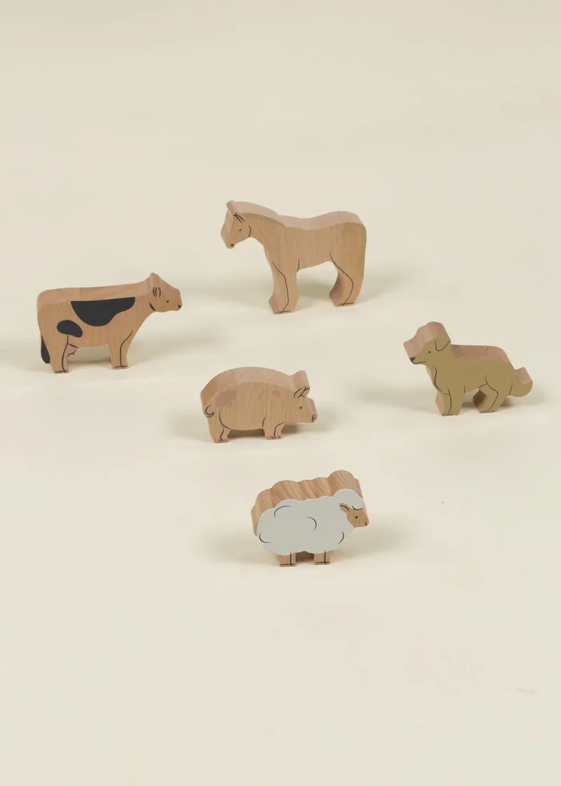 Set of 5 Pasture Animals on Wooden Plate