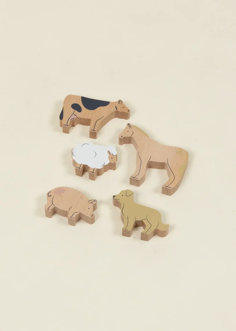 Set of 5 Pasture Animals on Wooden Plate
