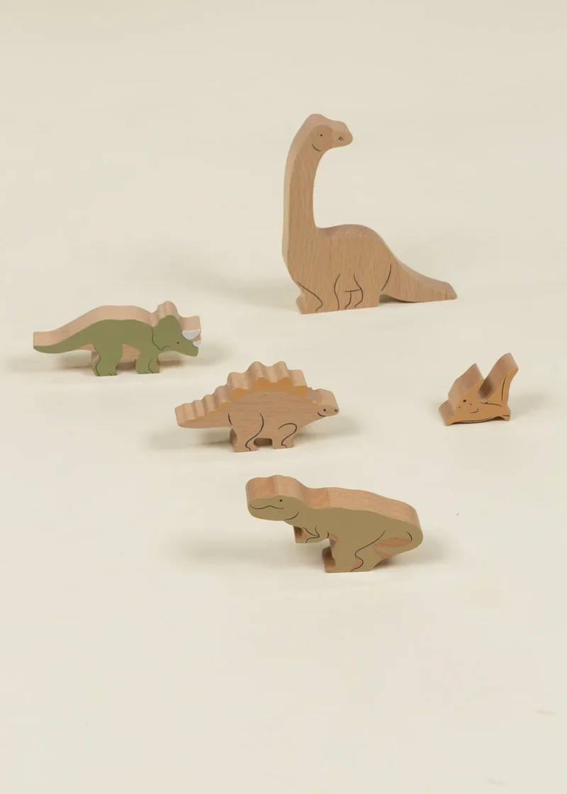 Set of 5 Dinosaurs on Wooden Plate