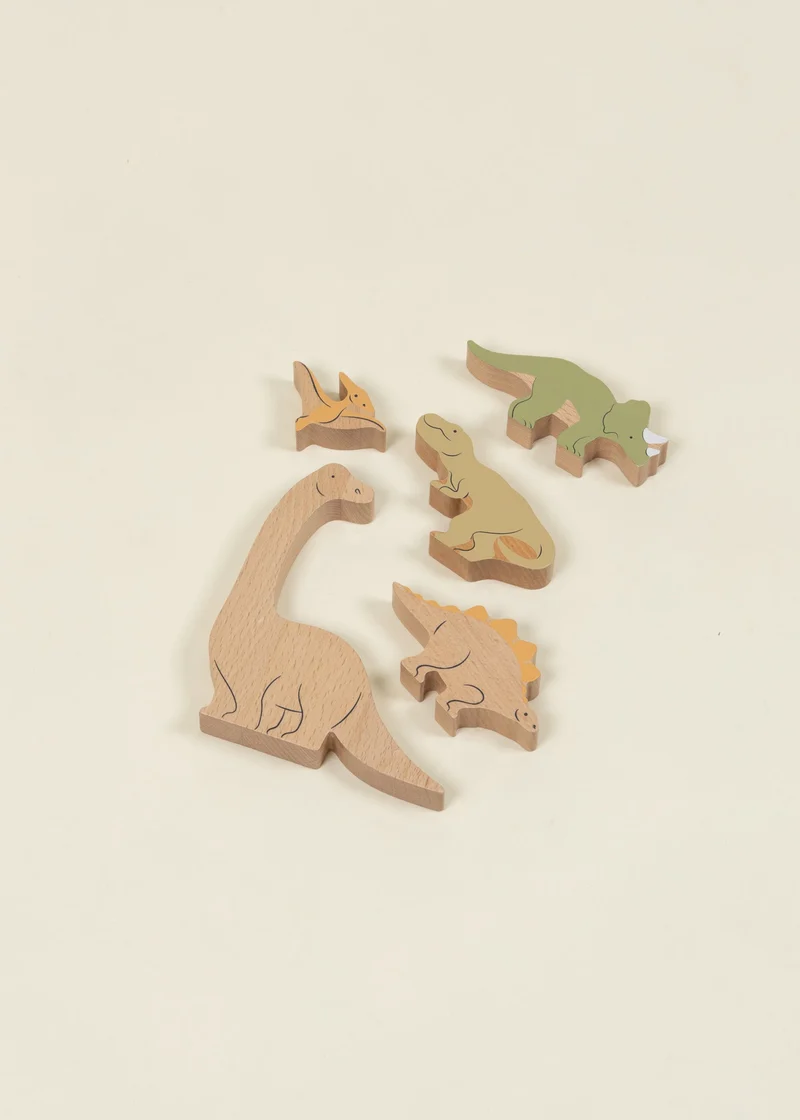 Set of 5 Dinosaurs on Wooden Plate