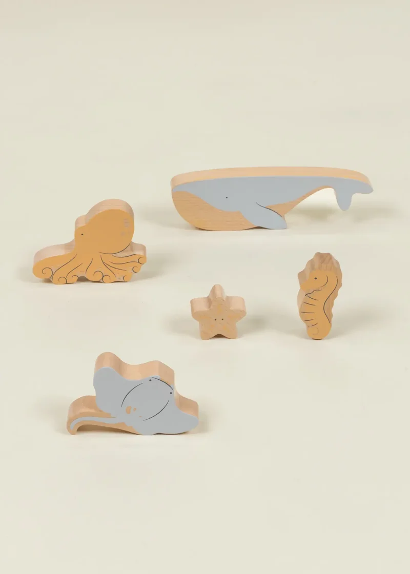 Set of 5 Sea Animals on Wooden Plate