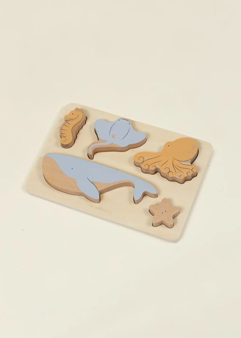 Set of 5 Sea Animals on Wooden Plate