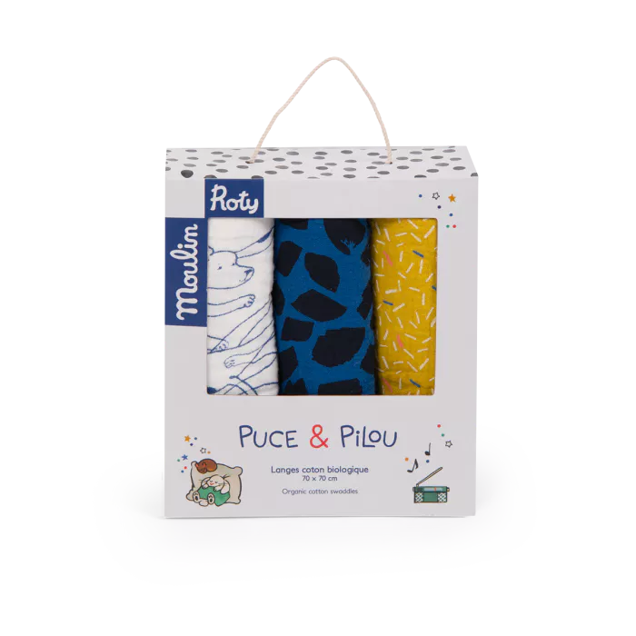 Moulin roty - set de 3 langes imprimés - puce et pilou - 👶Naissance +