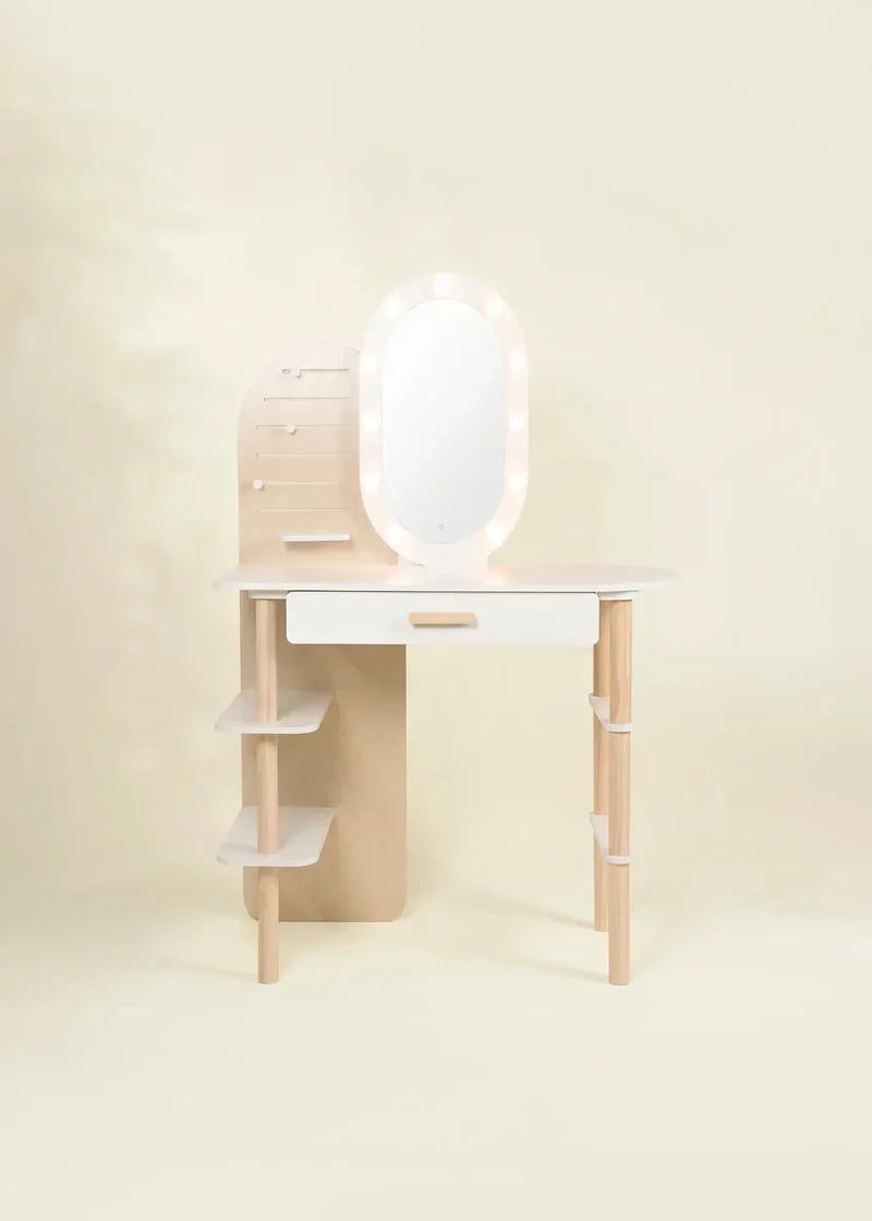 Large Wooden Vanity Station Lighted Mirror & Shelves