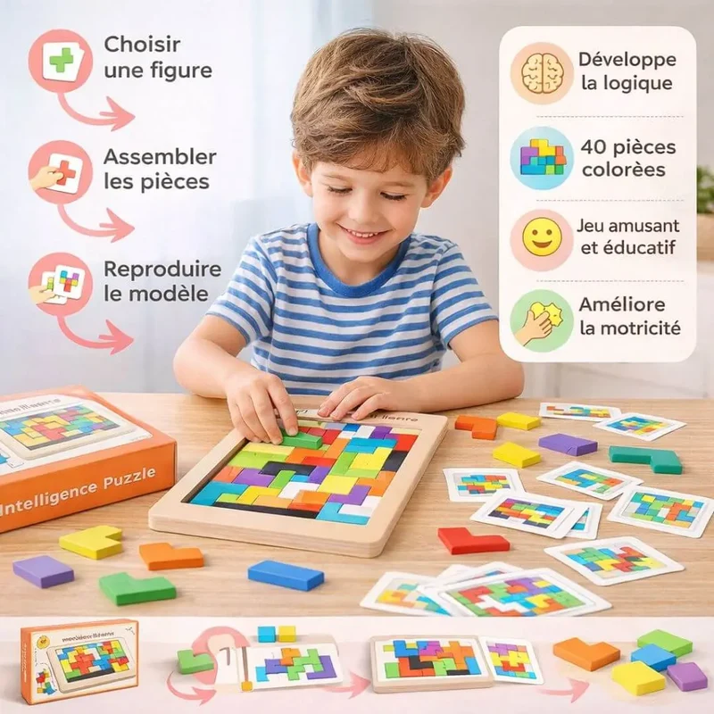 Jeu Bois Tetris Montessori – 40 Pièces Colorées | Dès 3 ans