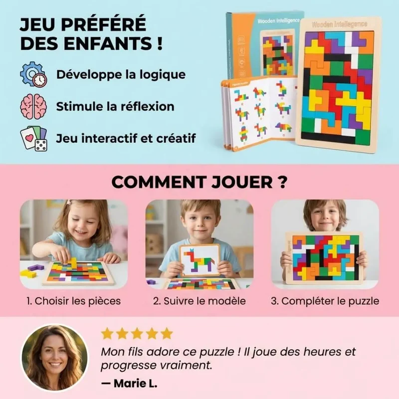 Jeu Bois Tetris Montessori – 40 Pièces Colorées | Dès 3 ans