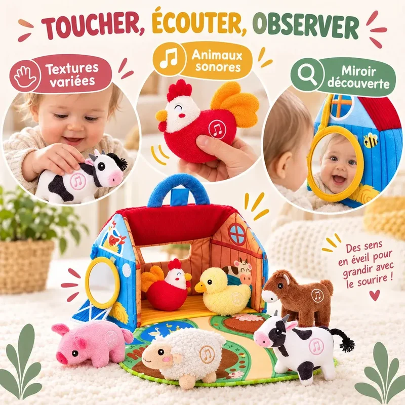 Ferme Sensorielle en Peluche avec Animaux Sonores - Dès 6 Mois