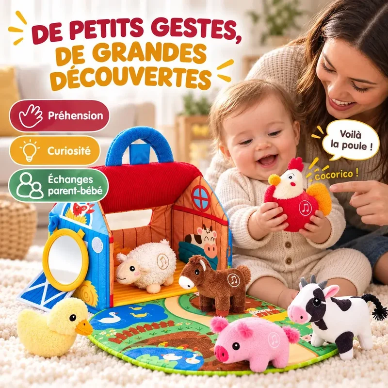 Ferme Sensorielle en Peluche avec Animaux Sonores - Dès 6 Mois