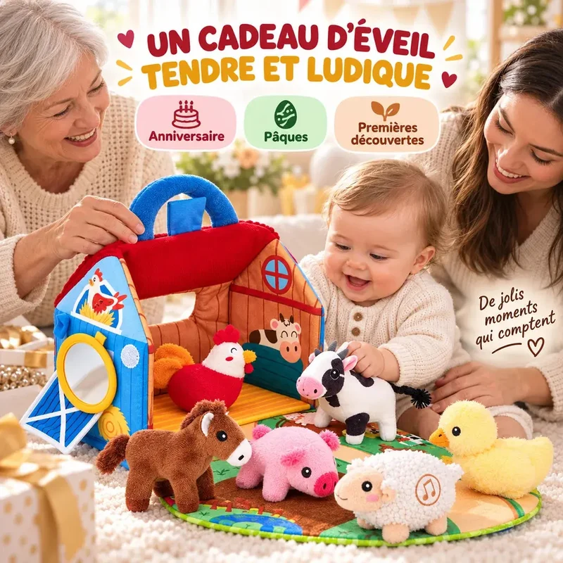 Ferme Sensorielle en Peluche avec Animaux Sonores - Dès 6 Mois