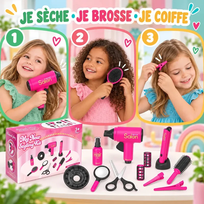 Jeu Coiffeur Enfant – Kit Salon de Beauté 14 Pièces