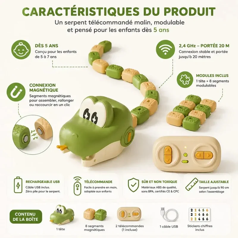 Serpent Télécommandé RC Magnétique – Jeu Enfant Dès 3 Ans
