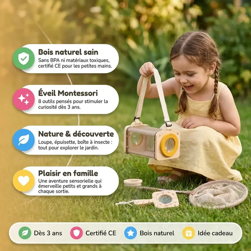 Kit Insectes Enfant en Bois – 8 Outils Montessori Nature