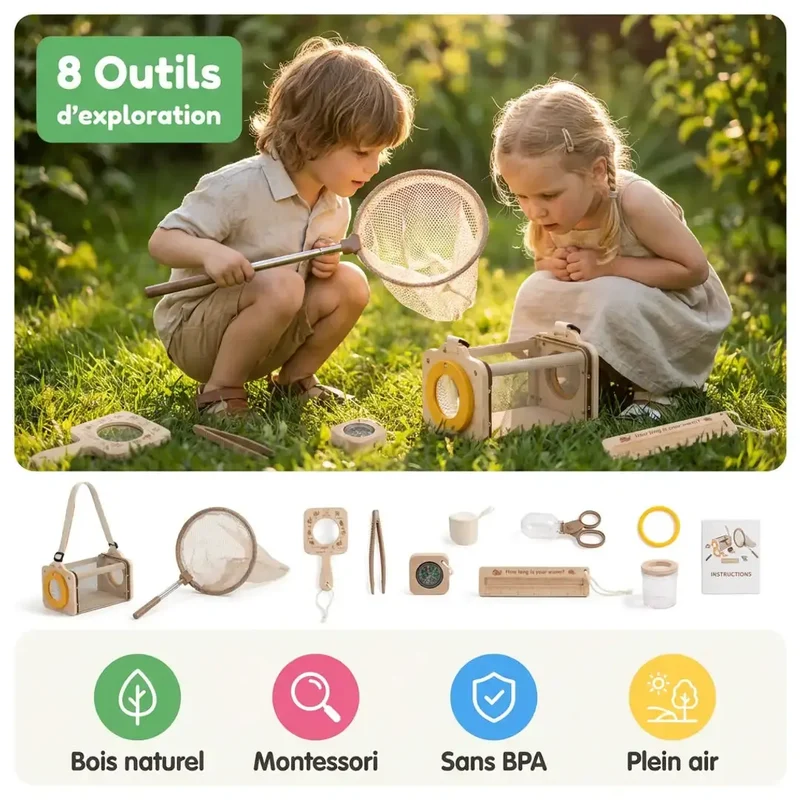 Kit Insectes Enfant en Bois – 8 Outils Montessori Nature